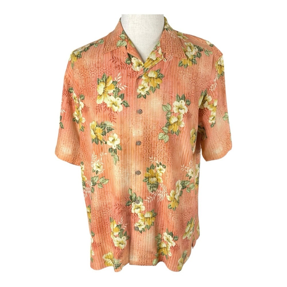 Tommy Bahama Men's Silk Button Up Camp Shirt Orange Floral Hawaiian Size‎ Medium